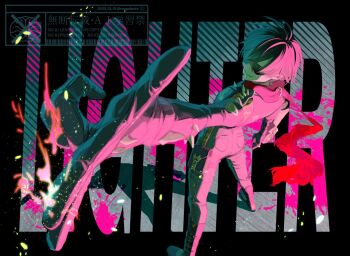 Rule 34 | 1boy, black background, black gloves, black pants, blood, character name, commentary request, finger gun, fire, from behind, gloves, green hair, hair over one eye, jacket, leather, leather jacket, lighter (zenless zone zero), male focus, momoiro oji, pants, parted lips, pink blood, pouch, red scarf, scarf, short hair, shoulder spikes, smile, solo, spiked jacket, spikes, studded gloves, sunglasses, thigh pouch, zenless zone zero