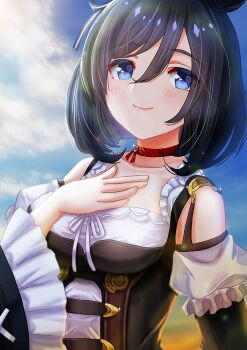 1girl animal_ears black_hair blue_eyes blush bob_cut bodice breasts choker cloud collarbone commentary_request detached_sleeves dirndl eishin_flash_(meisterschaft)_(umamusume) eishin_flash_(umamusume) frills german_clothes hair_between_eyes horse_ears horse_girl large_breasts long_hair looking_at_viewer otono_(bkt4b) red_choker shirt short_hair sky smile solo umamusume white_shirt