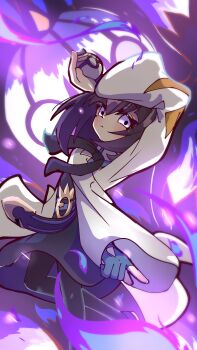 1girl absurdres blue_gloves blunt_bangs bob_cut chandelure coat dress gen_5_pokemon gloves gwynn_(pokemon) hat highres long_sleeves nintendo pokemon pokemon_(creature) pokemon_legends:_z-a purple_eyes purple_hair reisaki_niseen short_hair white_coat