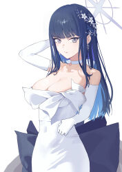 Rule 34 | 1girl, absurdres, arm up, blue archive, blue hair, blunt bangs, breasts, choker, cleavage, closed mouth, colored inner hair, commentary request, covered navel, cowboy shot, dress, earrings, elbow gloves, flower, gloves, grey eyes, grey halo, hair flower, hair ornament, halo, highres, huaano, jewelry, large breasts, long hair, looking at viewer, multicolored hair, official alternate costume, saori (blue archive), saori (dress) (blue archive), simple background, solo, strapless, strapless dress, white background, white choker, white dress, white flower, white gloves