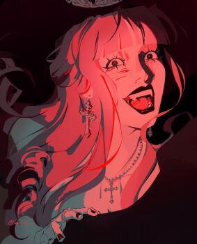 Rule 34 | 1girl, absurdres, black lips, black nails, blunt bangs, commentary, earrings, eyelashes, fangs, hat, highres, jewelry, long hair, looking at viewer, one piece, perona, pink hair, solo, somedeimi, twitter username, vampire