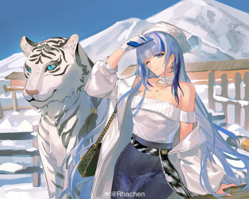 Rule 34 | 1girl, absurdres, arm support, bag, blue eyes, blue hair, chinese commentary, earrings, girls' frontline, girls' frontline neural cloud, gloves, highres, holding, holding phone, hubble (neural cloud), jacket, jewelry, mountainous horizon, necklace, off shoulder, one eye closed, phone, rhachen, ribbed shirt, shading eyes, shirt, smile, snow, solo, tiger, white gloves, white jacket, white tiger