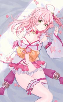 1girl ahoge breasts cleavage closed_mouth collar detached_collar green_eyes highres hololive japanese_clothes kimono kumano_yume looking_at_viewer lying medium_breasts medium_hair on_back one_side_up pink_hair red_collar sakura_miko sakura_miko_(1st_costume) single_thighhigh smile solo thigh_strap thighhighs virtual_youtuber white_kimono white_thighhighs