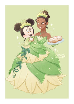 2girls absurdres black_hair brown_eyes brown_hair commentary_request company_connection cosplay dark-skinned_female dark_skin disney dress earrings elbow_gloves furry furry_female gloves green_background green_dress hair_bun highres jewelry long_hair mickey_mouse_&amp;_friends minnie_mouse multiple_girls necklace short_hair simple_background smile takatmaorange the_princess_and_the_frog_(disney) tiana_(the_princess_and_the_frog) tiana_(the_princess_and_the_frog)_(cosplay) tiara