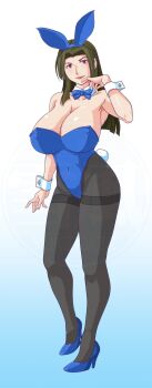 1girl animal_ears breasts brown_eyes fake_animal_ears forehead green_hair highres huge_breasts lips lipstick long_hair makeup manyuu_hikenchou non-web_source playboy_bunny toyo_(manyuu_hikenchou)