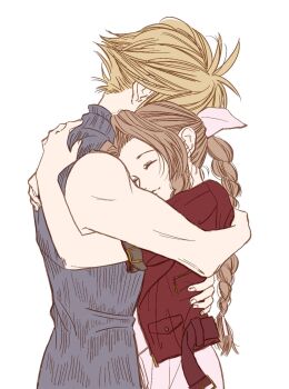 Rule 34 | 1boy, 1girl, 5ldijzsxe040384, aerith gainsborough, arm around waist, bare shoulders, blonde hair, blue shirt, braid, braided ponytail, brown hair, closed eyes, cloud strife, commentary request, couple, dress, final fantasy, final fantasy vii, final fantasy vii rebirth, final fantasy vii remake, hair between eyes, hetero, highres, hug, jacket, long hair, parted bangs, pink dress, pink ribbon, red jacket, ribbon, shirt, short hair, short sleeves, sidelocks, single braid, sleeveless, sleeveless turtleneck, smile, spiked hair, turtleneck, upper body, white background