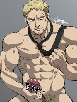 1boy abs alternate_muscle_size bara blonde_hair censored clenched_hand closed_eyes derivative_work erection facial_hair feet_out_of_frame flexing_pectorals highres large_penis loose_necktie male_focus male_masturbation masturbation mosaic_censoring muscular muscular_male mustache_stubble naked_necktie necktie nipples nude pectorals penis precum reiner_braun screenshot_redraw shingeki_no_kyojin shirako_(kirupi) short_hair smelling solo stubble testicle_hair