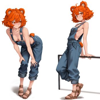 1girl ahoge animal_ears bear_ears bear_girl blue_overalls breasts denim denim_overalls highres looking_at_viewer naked_overalls orange_eyes orange_hair original overalls ribs short_hair sideboob small_breasts yan_(yan_kodiac) yan_kodiac