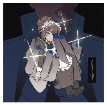 2girls apron ascot black_ascot black_boots black_dress blue_coat boots brown_hair closed_eyes closed_mouth coat commentary_request dress hermann_(project_moon) high_ponytail juliet_sleeves limbus_company long_hair long_sleeves maid maid_apron maid_headdress mini_person minigirl multiple_girls nelly_(project_moon) ponytail project_moon puffy_sleeves sparkle tama_launcher white_apron