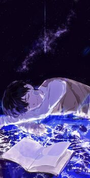 1boy 8d2suga9 bandage_on_face bandages black_hair book brown_vest closed_eyes comet glowing head_rest highres kim_dokja lying male_focus oldest_dream omniscient_reader&#039;s_viewpoint on_side open_book shirt short_hair sleeping solo space underlighting upper_body vest white_shirt