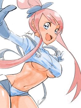1girl blue_eyes crop_top dark-skinned_female dark_skin gloves kamui_(chocokamui) long_hair long_sleeves midriff nintendo pokemon pokemon_bw red_hair short_shorts shorts skyla_(pokemon) teeth underwear underwear_only upper_teeth_only white_background