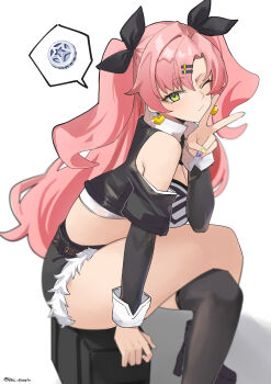 1girl absurdres breasts coin crossed_legs earrings from_side green_eyes hair_ribbon hashtag-only_commentary heart heart_earrings highres jewelry large_breasts long_hair midriff money nail_polish nicole_demara one_eye_closed pinepin pink_hair ribbon short_shorts shorts simple_background single_thighhigh sitting solo spoken_object thighhighs thighs twitter_username two_side_up v very_long_hair white_background zenless_zone_zero