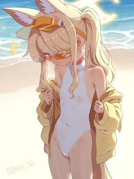 1girl animal_ear_fluff animal_ears bar_censor beach blonde_hair blue_archive bodypaint censored commentary_request extra_ears flat_chest fox_ears halo jacket loli long_hair off_shoulder official_alternate_costume outdoors paid_reward_available painted_clothes purple_eyes seia_(blue_archive) seia_(swimsuit)_(blue_archive) solo special_cat sunglasses swimsuit tan tanline tinted_eyewear variant_set visor_cap yellow_jacket