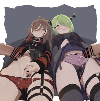 2boys 2girls absurdres ahoge bar_censor black_hair black_nails black_shirt black_skirt black_thighhighs bow bow_panties breasts brown_hair censored ceres_fauna ceres_fauna_(goth) clothes_lift commentary commission cum cum_on_body cum_on_clothes cum_on_pussy english_commentary from_below green_hair hair_over_one_eye heart heart_o-ring hetero highres hololive horns lifting_own_clothes long_hair long_sleeves male_masturbation masturbation medium_breasts multicolored_hair multiple_boys multiple_girls nail_polish nanashi_mumei nanashi_mumei_(emo) o-ring open_mouth panties penis purple_panties recklessdraw red_panties shirt short_hair skirt skirt_lift spread_pussy spreading_own_pussy streaked_hair striped_clothes striped_panties thigh_strap thighhighs tree_horns underwear vertical-striped_clothes vertical-striped_panties virtual_youtuber white_hair