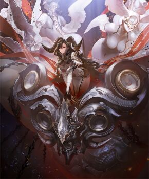 1girl angel_wings armor artist_request black_hair breasts chain embers expressionless hair_between_eyes hair_ornament horns jotet_herald_of_despair large_breasts long_hair machine official_art pelvic_curtain shadowverse shoulder_armor very_long_hair wings