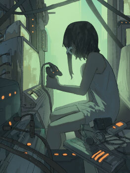 0xmalam 1girl absurdres black_hair cable computer controller dress fog game_controller hair_ornament hashtag-only_commentary headphones highres holding holding_controller holding_game_controller iwakura_lain monitor serial_experiments_lain sitting sleeveless sleeveless_dress solo turning_head white_dress x_hair_ornament