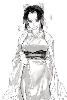 1girl alternate_costume breasts bug butterfly butterfly_hair_ornament closed_mouth commentary_request cowboy_shot greyscale hair_ornament haori highres insect japanese_clothes kimetsu_no_yaiba kochou_shinobu korean_commentary large_breasts lips long_sleeves looking_at_viewer monochrome parted_bangs sash short_hair sidelocks simple_background sketch solo th62329 white_background
