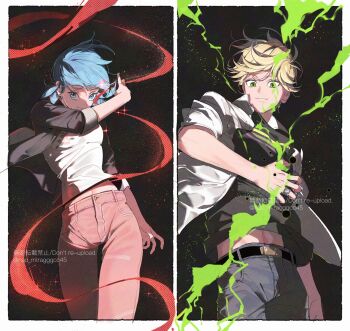 1boy 1girl adrien_agreste belt black_belt black_pants black_shirt blonde_hair blue_eyes blue_hair closed_mouth column_lineup commentary green_eyes henshin henshin_pose highres jacket low_twintails marinette_dupain-cheng midriff_peek miraculous_ladybug pants pink_pants seio_(nao_miragggcc45) shirt short_hair smile symbol-only_commentary twintails white_jacket white_shirt