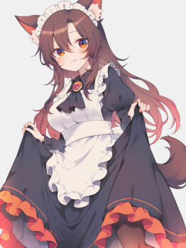 1girl alternate_costume animal_ear_fluff animal_ears apron ascot black_ascot black_dress brooch brown_hair brown_pantyhose closed_mouth commentary_request dress enmaided fang fang_out frilled_dress frills highres imaizumi_kagerou jewelry juliet_sleeves long_hair long_sleeves looking_at_viewer maid maid_apron maid_headdress pantyhose puffy_sleeves red_eyes smile solo tail tama_(soon32281) touhou very_long_hair white_apron wolf_ears wolf_girl wolf_tail