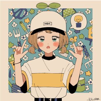 Rule 34 | 1girl, bandaid, bandaid on finger, bandaid on hand, blue background, blush stickers, border, brown hair, bucket, commentary request, eeppa, fork, green eyes, hands up, hat, highres, light bulb, looking at viewer, open mouth, original, outside border, scissors, shirt, short hair, short sleeves, signature, solo, spoken light bulb, sprout on head, upper body, white border, white hat, white shirt