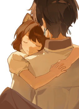 1boy 1girl animal_ears black_hair brown_hair closed_eyes closed_mouth cocoa_(shinyshynii) commentary earrings english_commentary from_behind grey_shirt highres hug jewelry mole mole_under_eye original puffy_short_sleeves puffy_sleeves raven_(shinyshynii) shinyshynii shirt short_hair short_sleeves sidelighting smile swept_bangs upper_body white_shirt wolf_ears wolf_girl