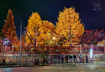 absurdres autumn autumn_leaves bus_stop cat commentary_request dated fence highres kyoto lamppost leaf night oil_painting_(medium) original outdoors painting_(medium) people power_lines real_world_location road ryu_orihara scenery signature standing star_(sky) street traditional_media tree utility_pole