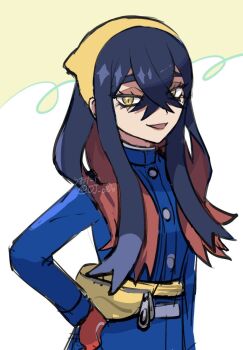 1girl :d black_hair blue_jacket blue_pants blueberry_academy_school_uniform carmine_(pokemon) colored_inner_hair crossed_bangs eyelashes fanny_pack gloves hair_between_eyes hairband hand_on_own_hip iruzu_(pixiv27236115) jacket long_hair long_sleeves looking_at_viewer mole mole_under_eye multicolored_hair nintendo open_mouth pants pokemon pokemon_sv red_gloves red_hair school_uniform simple_background smile solo twitter_username two-tone_hair yellow_eyes yellow_hairband