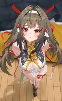 1girl animal_ear_fluff animal_ears bare_shoulders black_hair black_shoes blush breasts china_dress chinese_clothes cleavage commentary_request dress ears_down highres large_breasts looking_at_viewer matrix16 parted_lips pelvic_curtain red_eyes see-through_clothes see-through_dress shoes sleeveless sleeveless_dress solo white_dress ye_shunguang zenless_zone_zero