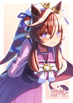 1girl :3 animal_ears beret blue_eyes blue_ribbon blush bow bowtie breasts brown_hair closed_mouth commentary_request creape ear_covers hair_between_eyes hat highres horse_ears horse_girl horse_tail large_breasts long_hair looking_at_viewer mole mole_under_eye multicolored_hair pleated_skirt purple_eyes purple_sailor_collar purple_serafuku purple_shirt purple_skirt ribbon sailor_collar sailor_shirt school_uniform serafuku shirt single_ear_cover skirt smile solo streaked_hair tail tracen_school_uniform twintails umamusume vivlos_(umamusume) white_bow white_bowtie white_hat