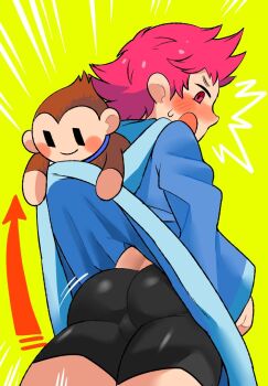 1girl ass bike_shorts blush hood hoodie kumatora looking_at_viewer looking_back monkey mother_(series) mother_3 nintendo oasis_(magnitude711) open_mouth pink_eyes pink_hair salsa_(mother) short_hair simple_background solo suggestive_fluid