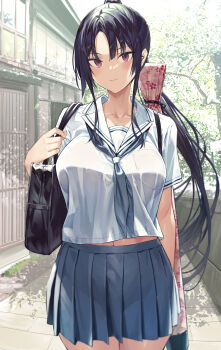 1girl absurdres bag black_hair blush breast_pocket breasts closed_mouth collarbone cowboy_shot grey_skirt highres hiiragi_yuuichi large_breasts long_hair looking_at_viewer navel original outdoors pleated_skirt pocket ponytail red_eyes school_uniform serafuku shirt short_hair shoulder_bag skirt smile white_shirt