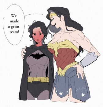 2girls batman batman_(series) batman_symbol blush bracer breasts bruce_wayne circlet dc_comics diana_prince english_text genderswap genderswap_(mtf) gold_bracer hashtag-only_commentary large_breasts long_hair minjmingg multiple_girls muscular muscular_female short_hair simple_background superhero_costume tiara wonder_woman wonder_woman_(series) yuri