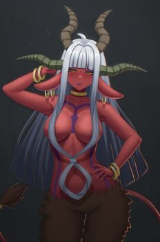 1girl absurdres ahoge animal_ears baphomet_(niking) black_background blood blunt_bangs bodypaint bracelet breasts collarbone colored_skin demon_girl demon_horns earrings goat_ears goat_girl goat_horns goat_legs goat_tail gold_bracelet gold_earrings gold_necklace hair_over_breasts highres horns jewelry kershok large_breasts light_blush lipstick long_hair looking_at_viewer makeup nail_polish navel necklace original purple_lips purple_nails red_skin simple_background solo standing tail white_hair yellow_eyes