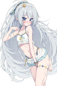 1girl ahoge barefoot bikini blue_eyes blush closed_mouth commentary female_tyrant_(stella_sora) flat_chest frilled_bikini frills grey_hair hairband highres long_hair looking_at_viewer metaljelly navel pointy_ears revision solo standing standing_on_one_leg stella_sora swimsuit symbol-only_commentary thighs tyrant_(stella_sora) very_long_hair white_bikini white_hairband
