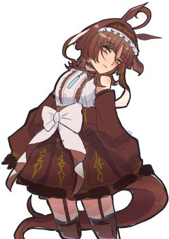 1girl ahoge alternate_hair_length alternate_hairstyle animal_ears bare_shoulders brown_gloves brown_hair brown_hairband brown_skirt brown_sleeves brown_thighhighs center_frills closed_mouth commentary_request frilled_hairband frills garter_straps gloves hairband head_tilt high-waist_skirt highres horse_ears horse_girl horse_tail kawamochi_(kawauti919) long_sleeves looking_at_viewer puffy_long_sleeves puffy_sleeves red_desire_(umamusume) shirt simple_background skirt sleeveless sleeveless_shirt sleeves_past_wrists smile solo standing tail thighhighs umamusume white_background white_shirt yellow_eyes