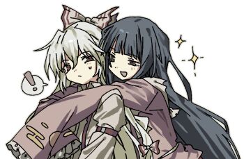 ! 2girls annoyed arms_around_neck belt belt_buckle black_eyes black_hair blunt_bangs bow bowtie buckle closed_eyes commentary_request dibitaki11 dot_nose frilled_sleeves frills frown fujiwara_no_mokou hair_between_eyes hair_bow half-closed_eyes happy hime_cut houraisan_kaguya hug hug_from_behind korean_commentary light_blush long_hair long_sleeves looking_at_another multiple_girls multiple_hair_bows pink_shirt print_sleeves red_belt red_bow red_eyes shirt sidelocks simple_background sleeve_belt sleeves_past_fingers sleeves_past_wrists sparkle speech_bubble spoken_exclamation_mark straight_hair suspenders sweatdrop touhou two-tone_bow upper_body very_long_hair white_background white_bow white_bowtie white_hair white_shirt yuri