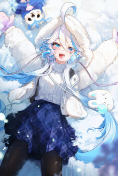 1girl alternate_costume arms_up black_pantyhose blue_eyes blue_hair blue_skirt blush breasts coat colored_inner_hair commentary_request cowlick drop-shaped_pupils eyelash_ornament furina_(genshin_impact) genshin_impact gloves highres long_hair looking_at_viewer lying medium_breasts multicolored_hair on_back open_mouth pantyhose pioko plaid_clothes plaid_skirt purple_gloves skirt solo sweater symbol-shaped_pupils wavy_hair white_sweater winter_clothes winter_coat