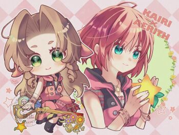 2girls aerith_gainsborough aqua_eyes arestear0701 artist_name bangle bare_shoulders black_boots boots bracelet breasts brown_hair character_name chibi cosplay cropped_torso dress final_fantasy final_fantasy_vii final_fantasy_vii:_ever_crisis food fruit green_eyes hair_ribbon highres holding holding_food holding_fruit holding_weapon hood hood_down hooded_dress jewelry kairi_(kingdom_hearts) kairi_(kingdom_hearts)_(cosplay) keyblade kingdom_hearts kingdom_hearts_iii light_blush long_hair medium_breasts multiple_girls necklace paopu_fruit parted_bangs pink_dress pink_ribbon pleated_dress red_hair ribbon short_hair sidelocks smile weapon