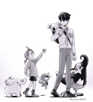 1boy 1girl :o absurdres aged_down backpack bag child commentary_request gen_2_pokemon gen_4_pokemon gen_7_pokemon greyscale highres holding holding_poke_ball komala larry_(pokemon) loafers monochrome multicolored_hair necktie nintendo open_mouth paldean_wooper phanpy poke_ball pokemon pokemon_(creature) pokemon_sv polo_shirt ponytail reverse_trap rika_(pokemon) shoes short_shorts shorts smile staravia streaked_hair suma3695 twitter_username two-tone_hair