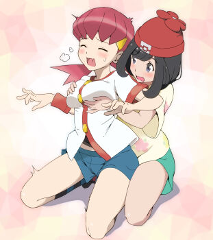 2girls beanie black_eyes black_hair blue_shorts blush breasts closed_mouth drooling fang female_focus floral_print full_body grabbing_another&#039;s_breast green_shorts groping hair_ornament hairclip hat highres hugimosi kneeling large_breasts matching_hair/eyes medium_hair molestation multiple_girls nintendo open_mouth pink_hair pokemon pokemon_hgss pokemon_sm red_hat selene_(pokemon) shirt shorts sidelocks skin_fang socks twintails white_shirt whitney_(pokemon) yuri