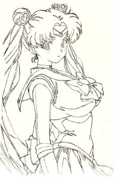 1girl back_bow bishoujo_senshi_sailor_moon bow bowtie breasts brooch circlet commentary_request crescent double_bun elbow_gloves gloves graphite_(medium) hair_bun hair_ornament highres i4teruz jewelry long_hair looking_at_viewer looking_back medium_breasts miniskirt parted_bangs pleated_skirt sailor_collar sailor_moon skirt solo traditional_media tsukino_usagi twintails