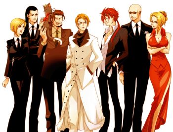 1990s_(style) 2girls 5boys bald bindi black_hair blonde_hair breasts cait_sith_(final_fantasy) dress elena_(ff7) final_fantasy final_fantasy_vii formal_clothes large_breasts long_hair multiple_boys multiple_girls necktie no_legwear red_dress red_hair reeve_tuesti reno_(ff7) retro_artstyle rude_(ff7) rufus_shinra scarlet_(ff7) short_hair square_enix suit sunglasses tseng turks_(ff7) yuriko2755