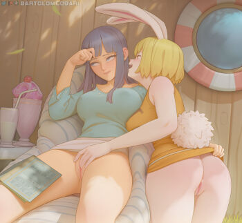 2girls animal_ears animal_nose anus ass bare_arms bare_shoulders bartolomeobari black_hair blonde_hair blue_eyes blue_hair blunt_bangs blush book bottomless breasts carrot_(one_piece) clitoral_stimulation clothes_lift commentary covered_erect_nipples cup drinking_glass drinking_straw english_commentary female_focus fingering food furry furry_female furry_with_non-furry ice_cream interspecies large_breasts lifebuoy long_hair long_sleeves looking_at_another looking_away looking_to_the_side multiple_girls nico_robin one_piece open_mouth parfait parted_lips pussy rabbit_ears rabbit_girl rabbit_tail reclining red_eyes shade short_hair sitting skirt skirt_lift sleeveless smile spread_legs sundae swim_ring tail uncensored yuri
