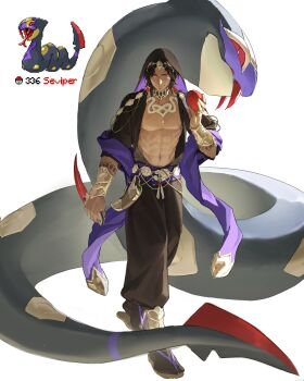 Rule 34 | 1boy, abs, absurdres, black hair, black pants, black shirt, black vest, commentary, creature and personification, dagger, earrings, gen 3 pokemon, highres, holding, holding dagger, holding knife, holding poke ball, holding weapon, jewelry, knife, looking at viewer, nintendo, open clothes, open shirt, pants, personification, poke ball, poke ball (basic), pokemon, pokemon (creature), red eyes, reference inset, seviper, shirt, umber, vest, weapon