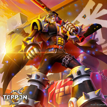 1boy abs armor banchou baseball_bat black_armor black_coat black_hat chain coat delinquent hat holding holding_baseball_bat ishida_baru male_focus mega_man_(series) mega_man_x_(series) mega_man_x_dive official_alternate_costume official_art sigma_(mega_man) solo sunset teppen