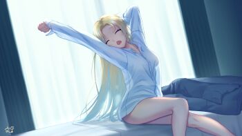 1girl :o absurdres blonde_hair blue_hair blue_streaks borrowed_clothes breasts closed_eyes collared_shirt commentary_request commission curtains dress_shirt facing_viewer feet_out_of_frame forehead fumimaru highres indoors leaning_back long_hair medium_breasts morning multicolored_hair naked_shirt on_bed open_mouth original parted_bangs partial_commentary see-through_silhouette shirt signature sitting skeb_commission sleeves_past_wrists solo straight_hair streaked_hair stretching teeth thighs upper_teeth_only very_long_hair waking_up white_shirt window