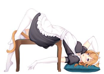 1girl absurdres alternate_costume animal_ears apron blush braid breasts cat_ears cat_girl commission commissioner_upload facepaint facial_mark fang fire_emblem fire_emblem:_path_of_radiance fire_emblem:_radiant_dawn frilled_apron frilled_sleeves frills gloves highres large_variant_set looking_at_viewer lying lyre_(fire_emblem) maid maid_apron maid_headdress medium_breasts messy_hair nabunabu nintendo open_mouth orange_hair orange_tail pillow purple_eyes solo thick_thighs thighhighs thighs variant_set whisker_markings white_apron white_background white_gloves zettai_ryouiki