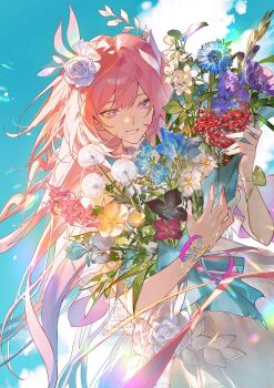 1girl blue_sky bouquet commentary cyrene_(honkai:_star_rail) cyrene_(ripples_of_past_reverie)_(honkai:_star_rail) diamond-shaped_pupils diamond_(shape) dress flower hair_flower hair_ornament highres holding holding_bouquet honkai:_star_rail honkai_(series) long_hair mint-tan parted_lips pink_hair pointy_ears purple_eyes sky smile solo symbol-shaped_pupils very_long_hair white_dress