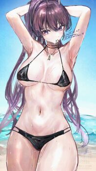 1girl absurdres adjusting_hair ahoge alternate_costume armpits arms_up beach bikini black_bikini black_choker breasts choker cleavage closed_mouth commentary cowboy_shot dated day dolla_(nikke) expressionless goddess_of_victory:_nikke hair_tie_in_mouth highres jewelry large_breasts long_hair looking_at_viewer miumiumi_99 mouth_hold multi-strapped_bikini_bottom navel necklace o-ring o-ring_bikini o-ring_top ocean outdoors ponytail purple_eyes purple_hair signature solo standing swimsuit twitter_username tying_hair watermark wet