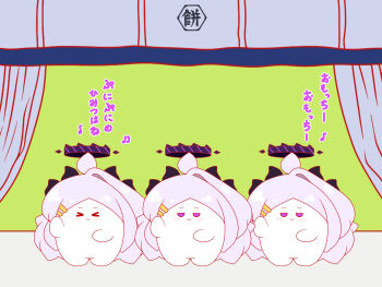 Rule 34 | > <, ahoge, blue archive, blush, chibi, closed eyes, closed mouth, commentary request, commercial, curtains, dancing, eighth note, facing viewer, grey hair, hair ornament, hairclip, halo, highres, hina (blue archive), horns, koikeya (company), kurukurumagical, long hair, looking at viewer, musical note, parody, polinky, purple eyes, single hair intake, standing, translation request, very long hair